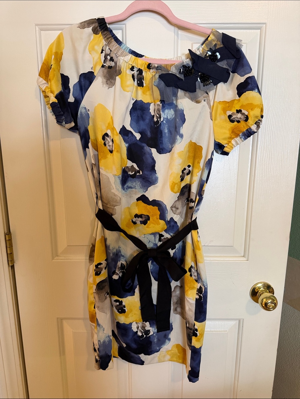 Simply Vera Vera Wang Yellow and Navy Floral Dress with Navy Belt